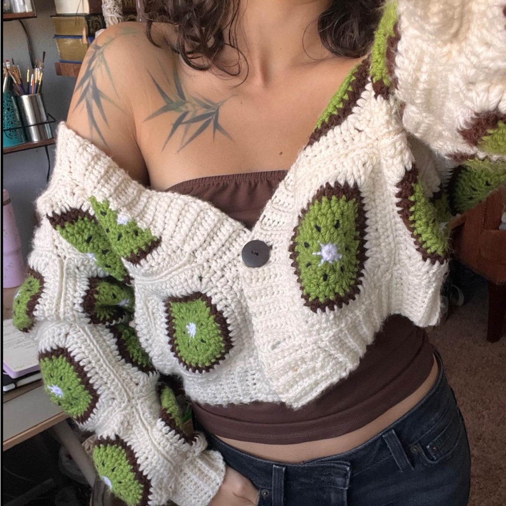 Crochet Crop Cardigan Sweater - Cream and Green